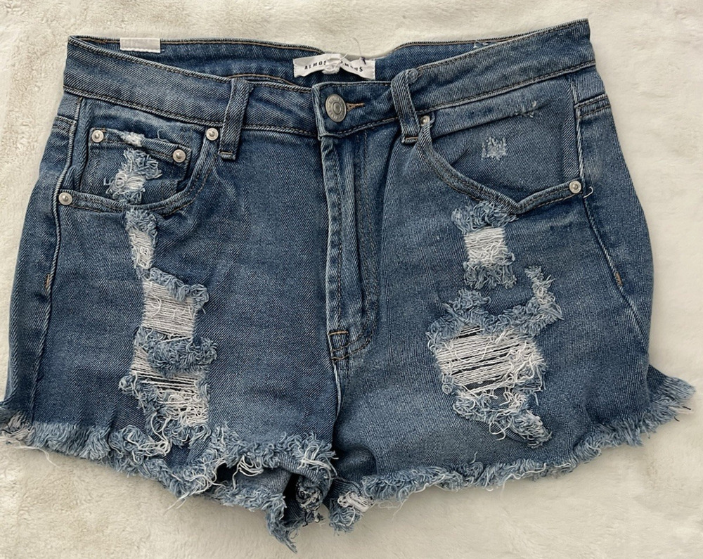 Almost Famous Womens Distressed Denim Shorts Size 5 Blue Frayed Festival